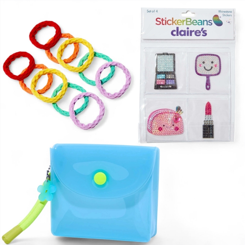 Claire’s Bundle - Hair Ties, Rhinestone Stickers & Blue Daisy Coin Purse